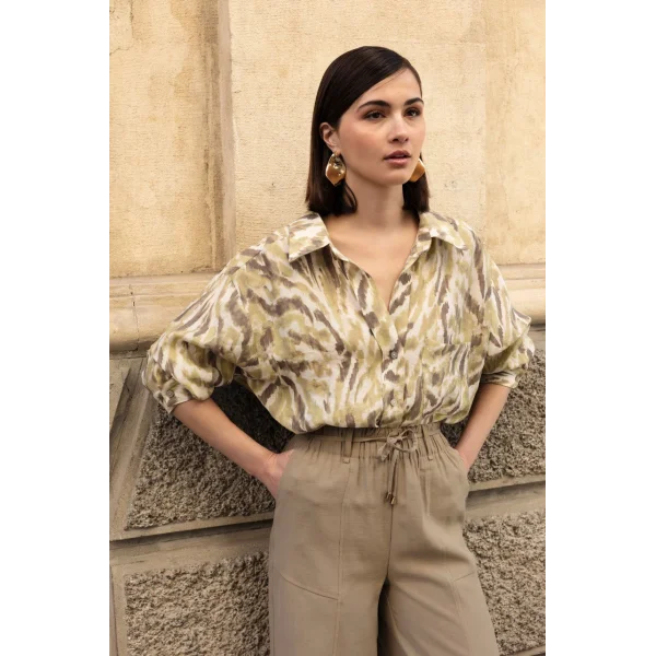 Düşük Omuz Desenli Modal Gömlek - Yeşil