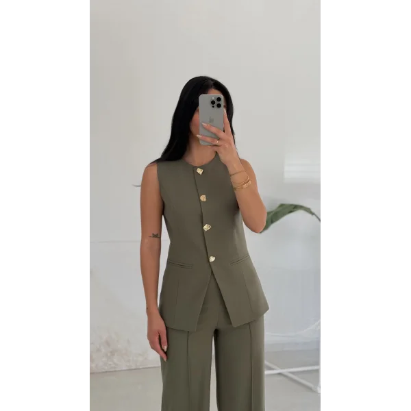 Karma Düğme Yelek Pantolon Takım - Haki