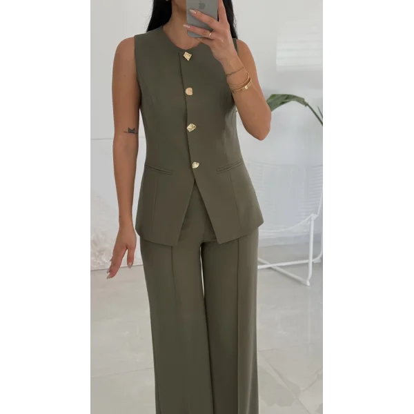 Karma Düğme Yelek Pantolon Takım - Haki