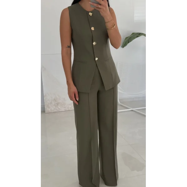 Karma Düğme Yelek Pantolon Takım - Haki