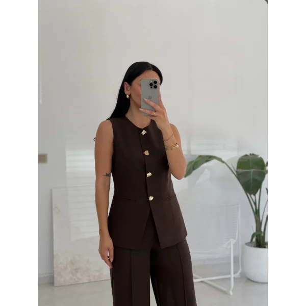 Gold Düğme Yelek Pantolon Takım - Kahve