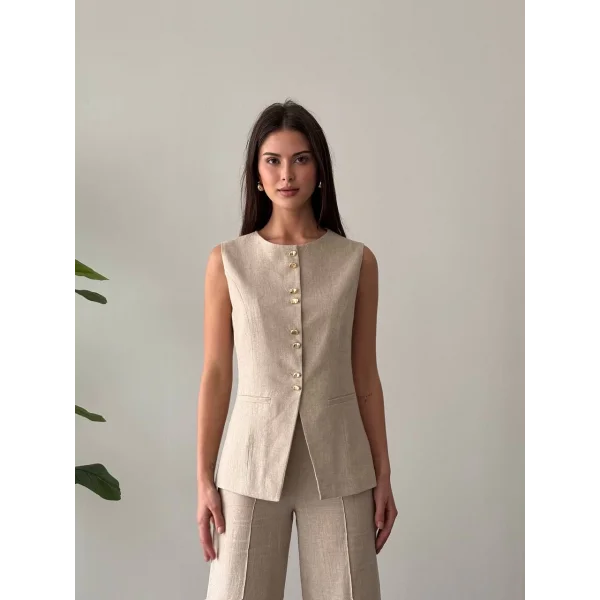 Gold Düğme Keten Yelek Pantolon Takım