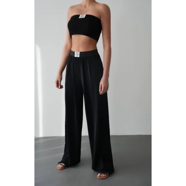 Beli Lastikli Bol Paça Siyah Pantolon