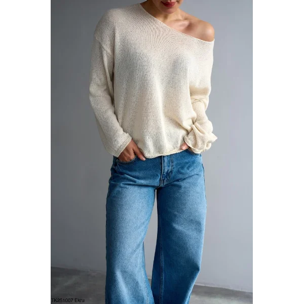 Kayık Yaka Merserize İnce Triko-Ekru