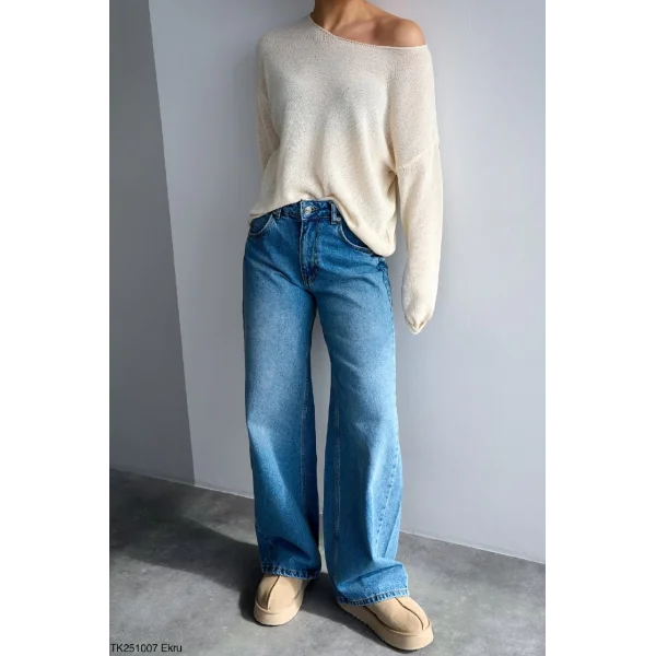 Kayık Yaka Merserize İnce Triko-Ekru