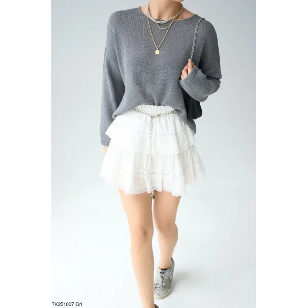 Kayık Yaka Merserize İnce Triko-Gri