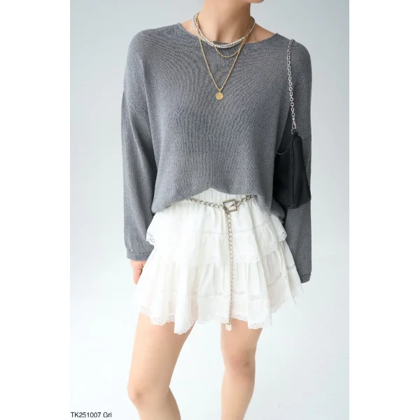 Kayık Yaka Merserize İnce Triko-Gri