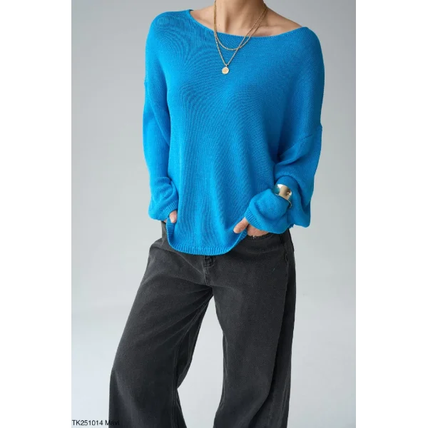 Kayık Yaka Merserize İnce Triko-Mavi