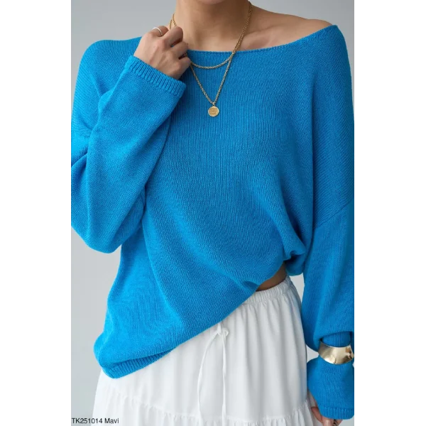 Kayık Yaka Merserize İnce Triko-Mavi