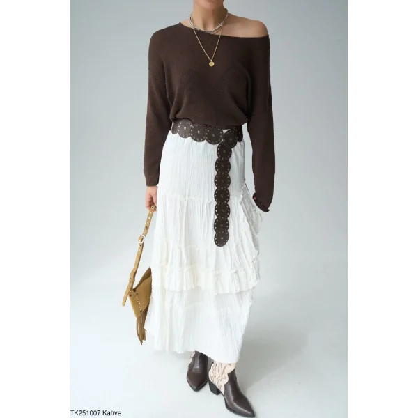 Kayık Yaka Merserize İnce Triko-Kahve