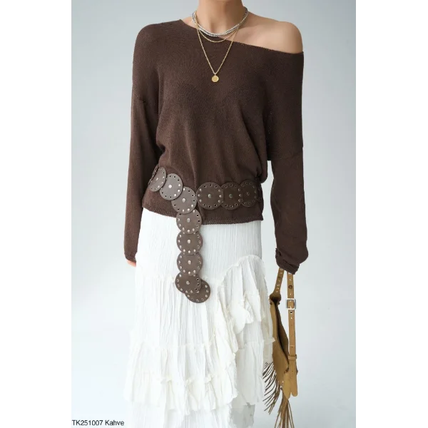 Kayık Yaka Merserize İnce Triko-Kahve