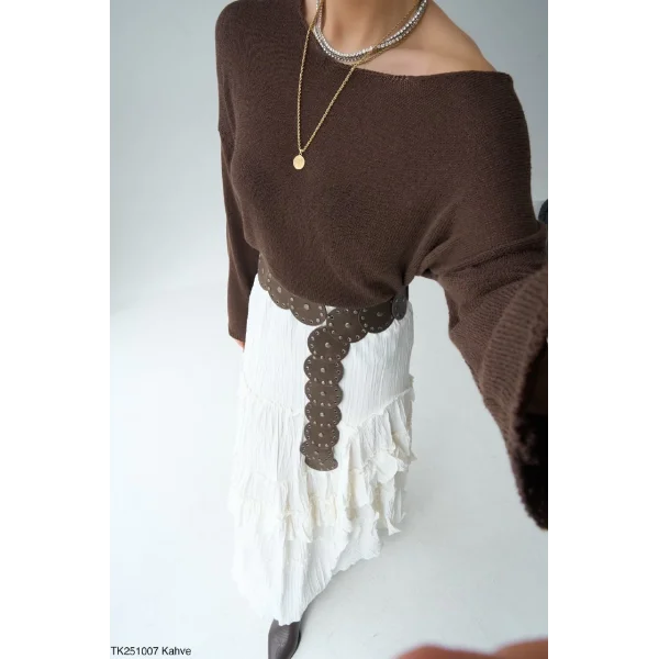 Kayık Yaka Merserize İnce Triko-Kahve