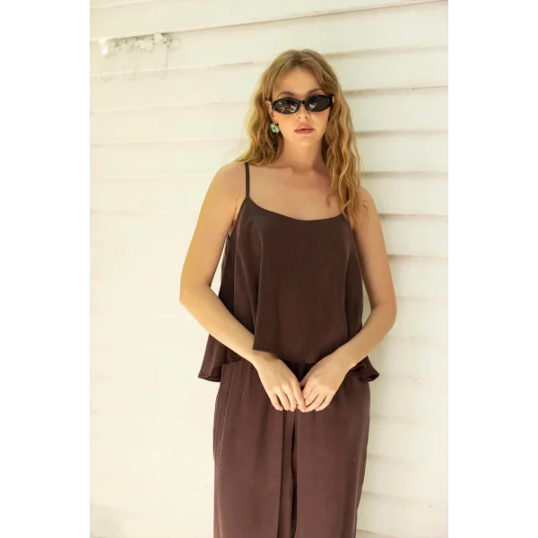 Premium Serisi Askılı Bluz Pantolon Takım-Mürdüm