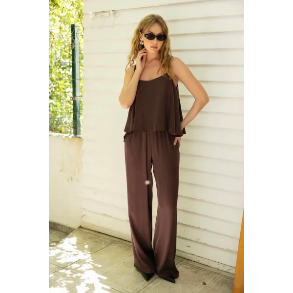 Premium Serisi Askılı Bluz Pantolon Takım-Mürdüm