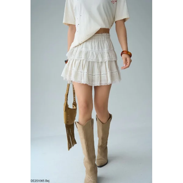 Dantel Detay Pileli Mini Şort Etek-Ekru