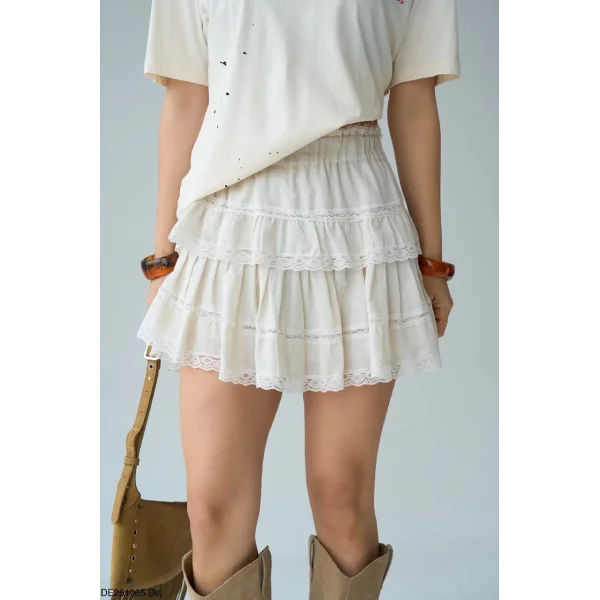 Dantel Detay Pileli Mini Şort Etek-Ekru