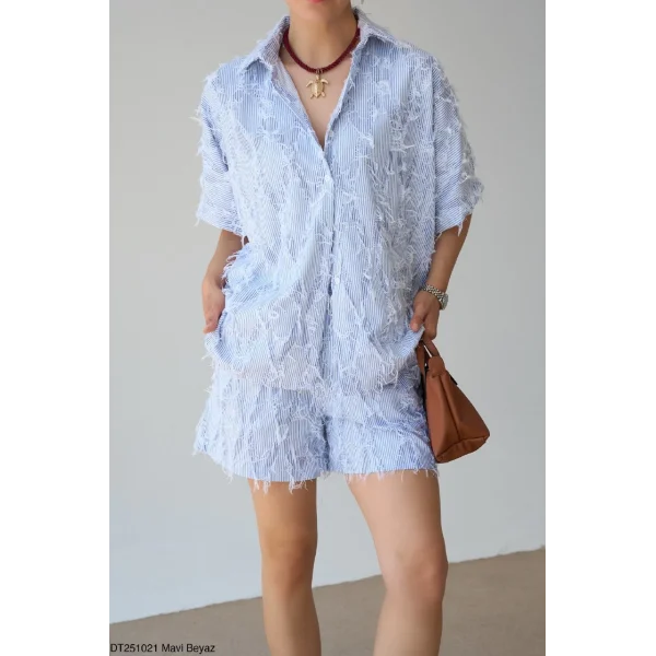 İplik Detay Şort Gömlek Takım-Mavi Beyaz