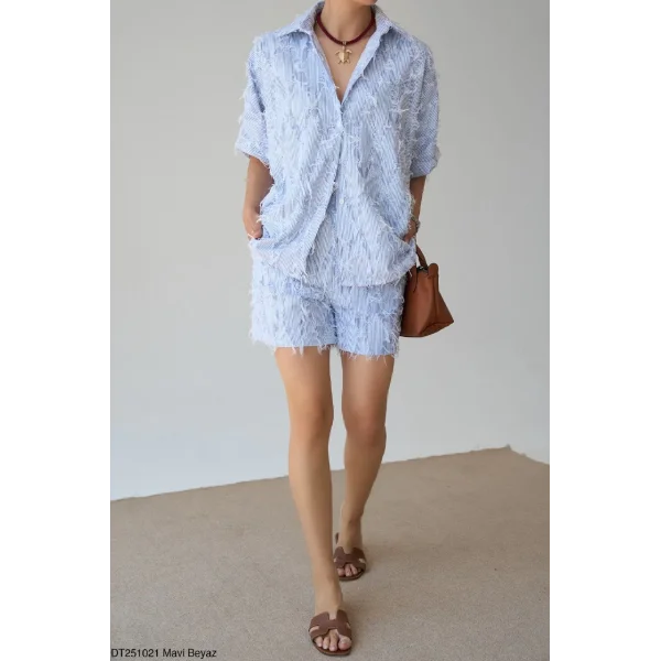 İplik Detay Şort Gömlek Takım-Mavi Beyaz