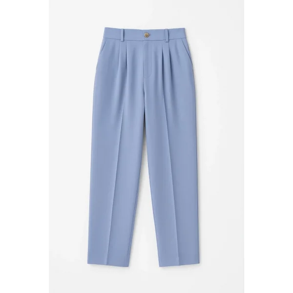 Gold Düğme Pileli Palazzo Pantolon-Mavi