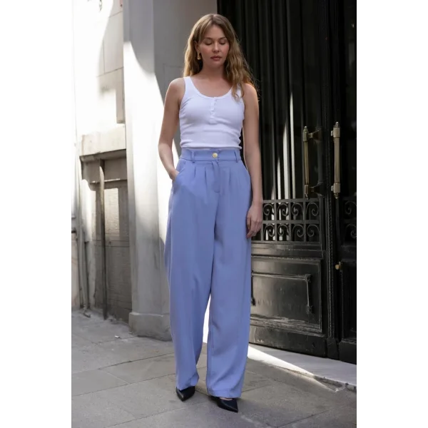 Gold Düğme Pileli Palazzo Pantolon-Mavi