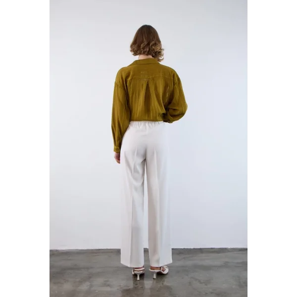 Gold Düğme Pileli Palazzo Pantolon-Beyaz