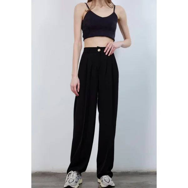 Gold Düğme Pileli Palazzo Pantolon-Siyah