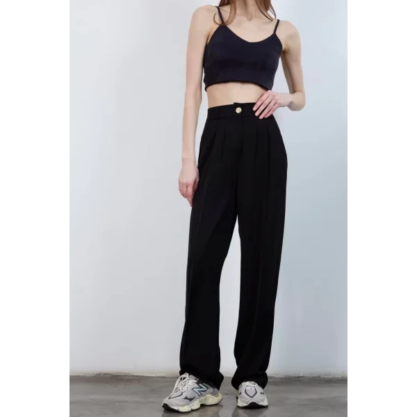 Gold Düğme Pileli Palazzo Pantolon-Siyah