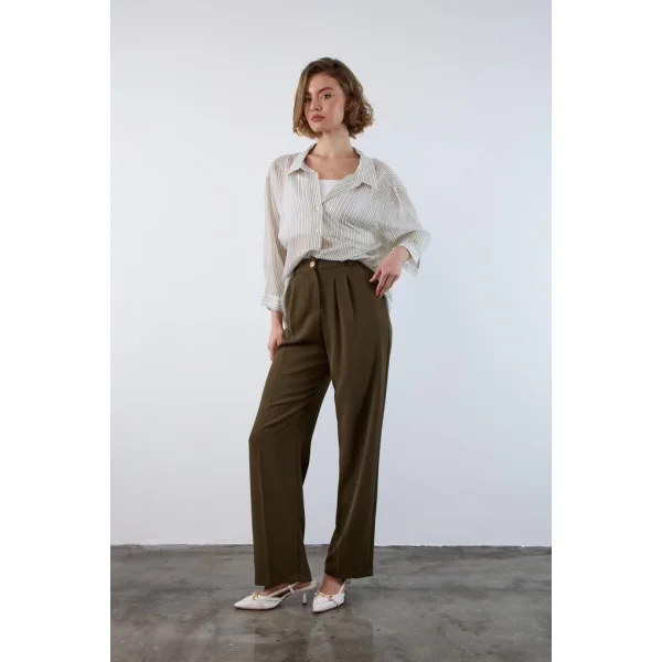 Gold Düğme Pileli Palazzo Pantolon-Haki