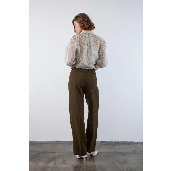 Gold Düğme Pileli Palazzo Pantolon-Haki