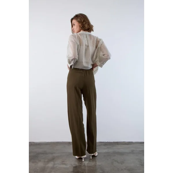 Gold Düğme Pileli Palazzo Pantolon-Haki