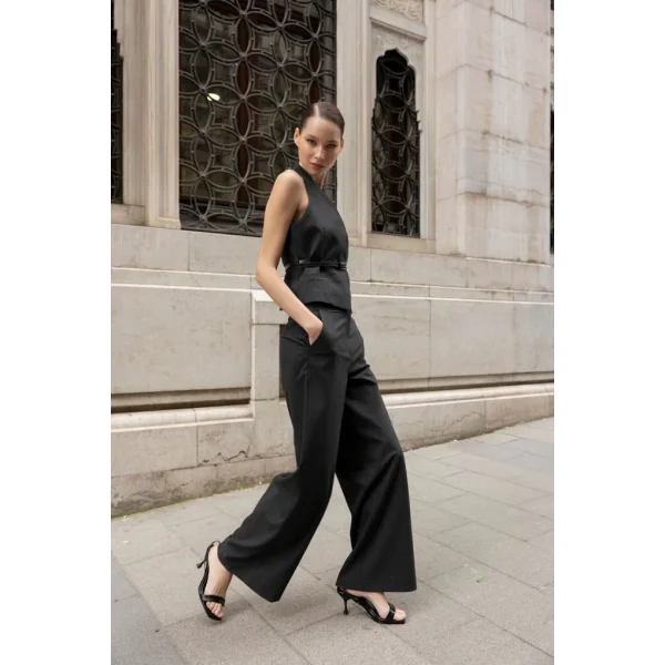 Çizgili Yelek Pantolon Takım-Siyah