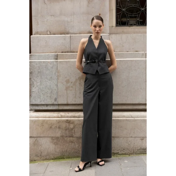 Çizgili Yelek Pantolon Takım-Siyah