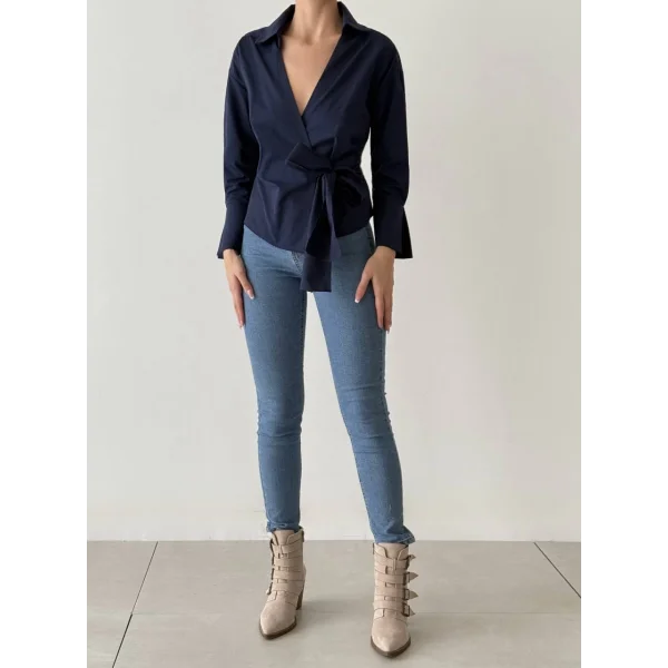 Bağlama Detaylı Kruvaze Bluz Gömlek-Lacivert
