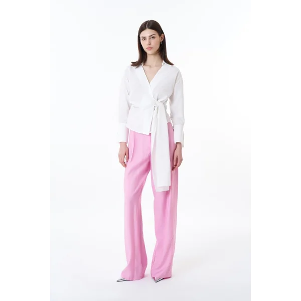 Bağlama Detaylı Kruvaze Bluz Gömlek-Beyaz