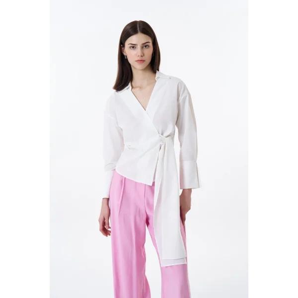 Bağlama Detaylı Kruvaze Bluz Gömlek-Beyaz