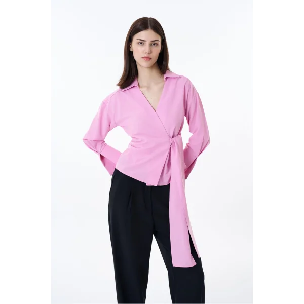 Bağlama Detaylı Kruvaze Bluz Gömlek-Pembe