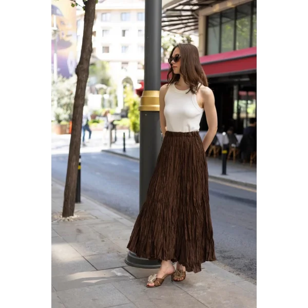 Premium Seri Kırışık Uzun Etek-Kahverengi