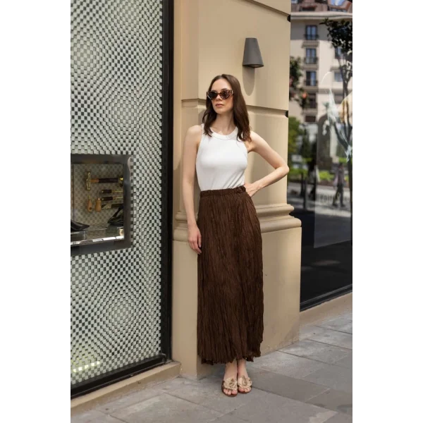 Premium Seri Kırışık Uzun Etek-Kahverengi