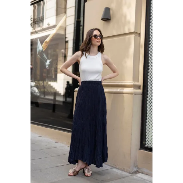 Premium Seri Kırışık Uzun Etek-Lacivert