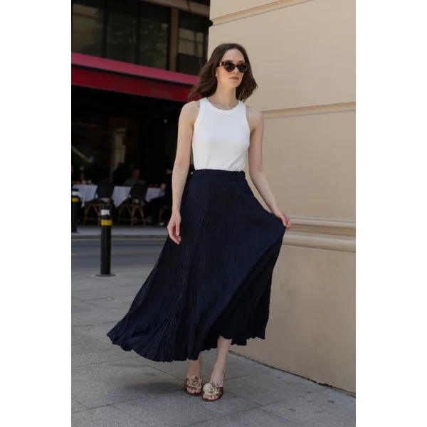Premium Seri Kırışık Uzun Etek-Lacivert