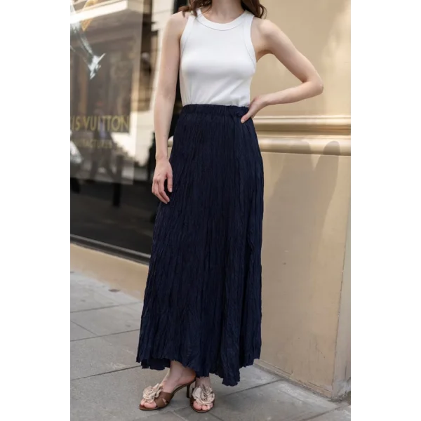 Premium Seri Kırışık Uzun Etek-Lacivert