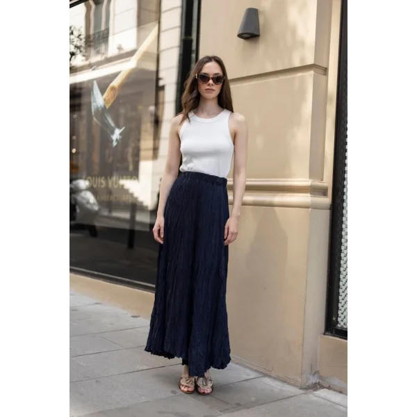 Premium Seri Kırışık Uzun Etek-Lacivert