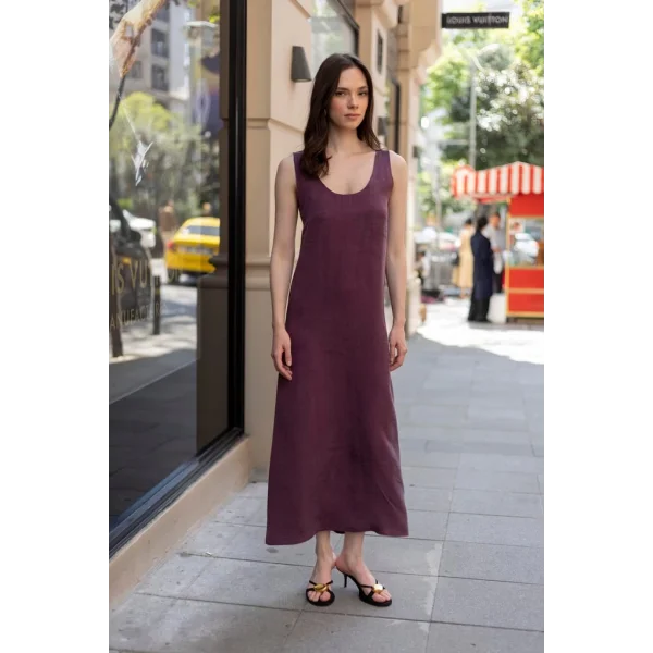 Modal Kolsuz Uzun Elbise-Bordo