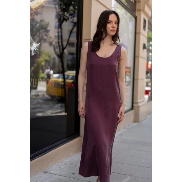 Modal Kolsuz Uzun Elbise-Bordo