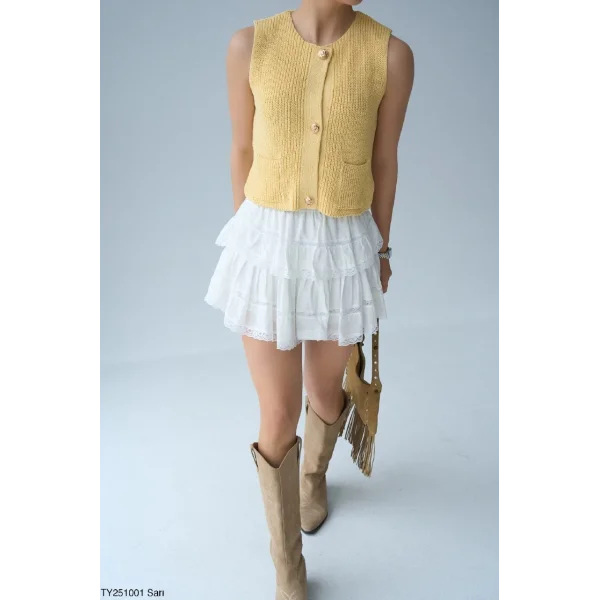 Gold Düğme Triko Yelek-Sarı