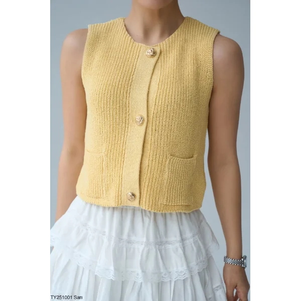Gold Düğme Triko Yelek-Sarı