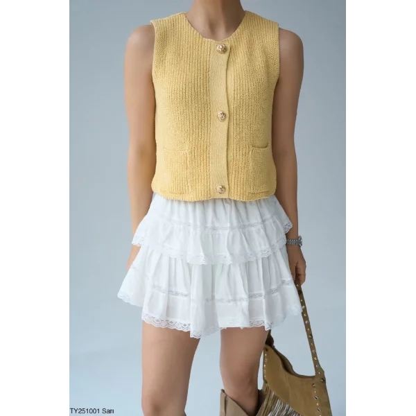 Gold Düğme Triko Yelek-Sarı