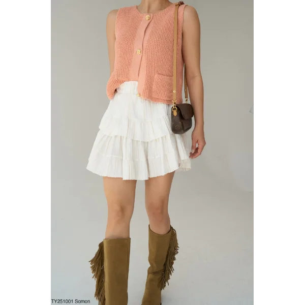 Gold Düğme Triko Yelek-Somon