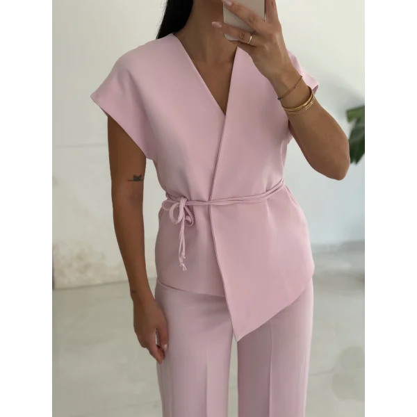 Luna Bağlamalı Yelek Pantolon Takım-Pembe