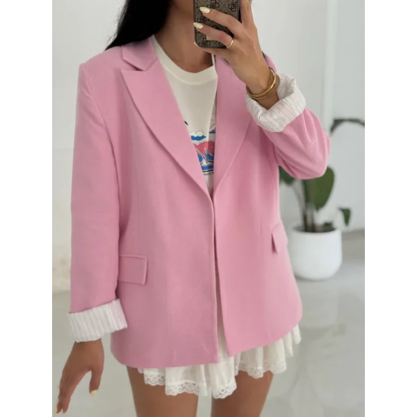 Çizgi Astarlı Keten Ceket-Pembe